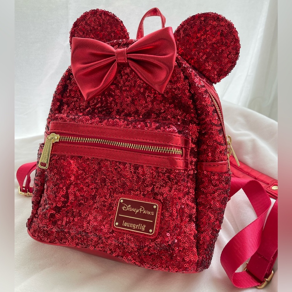 Disney Loungefly Exclusive Red Sequin Minnie Mouse Ear Mini Backpack